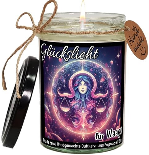 WangsLICHT -Glückslicht für Sternzeichen, Duftkerze aus natürlicher Sojawachs, handgemacht mit nachhaltiger Geschenkverpackung, 40h Brenndauer (Waage, Feu de Bois (Lagerfeuer))