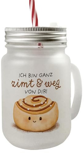 speecheese Zimtschnecke Mason Jar Henkel Trinkglas mit Deckel mit Spruch Ich bin ganz Zimt & weg von dir ein niedliches Glas für dein Lieblingsgetränk Motiv süße kawaii und dir Teenager