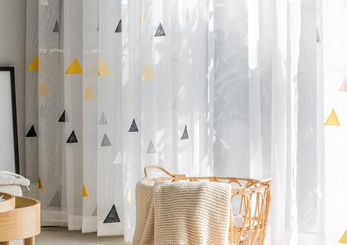 Daesar 2 Pezzi Tende Voile Semi Trasparenti 229 CM Altezza, Tenda Sheer con Ganci Motivo Triangolare Ricamate Tende Finestre per Camera da Letto e Soggiorno, Grigio Giallo 137x229CM