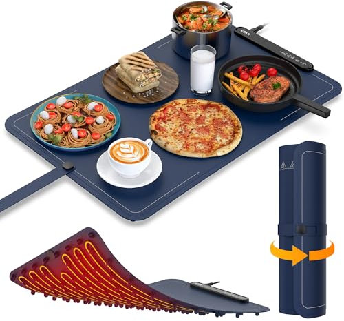 VTAR Electric Food Warming Mat Tray Warmer for Party Buffet Servers Hot Logic Heating Heater Full Surface Keep Warm, Rollable Portable, Premium Silicone, 3 Temperature Set, Auto Shut Off - Blue