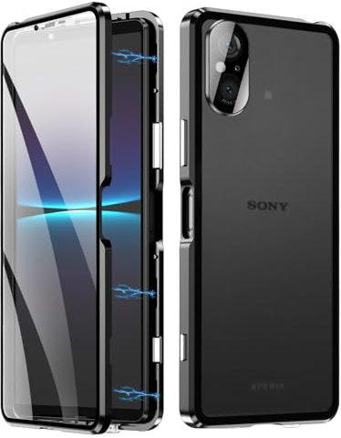 Coque pour Magnétique Compatible avec Sony Xperia 10 IV, Housse avec Adsorption Magnétique Métal Bumper Protection,Étui de Protection Complète du Corps,Transparent Verre Trempé Case Cover,Noir