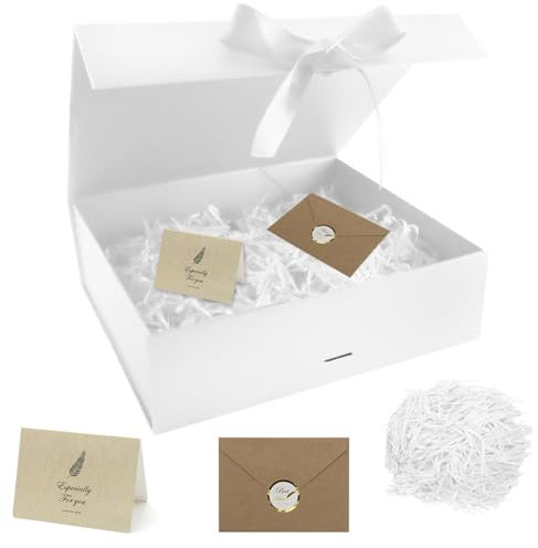 GOIYZTTR Magnetische Geschenkbox mit Deckel 30 * 24 * 10cm Geschenkbox Groß Weiß Wiederverwendbar Magnetfaltbox mit Schleife Grußkarten und Raffia für Geschenkverpackung