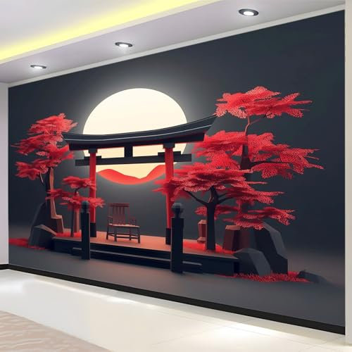 Lune De Porte Torii De Style Japonais Papier Peint Panoramique Noir Rouge Photo Peintures Murales Salon Tv Canapé Thème Hôtel De Luxe Couloir Fond Mur Peinture Décor À La Maison 200 (H) x 140 (L) cm