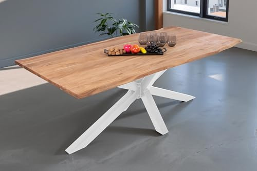 SAM Esstisch Dana 300x100 cm Akazie Eiche Baumkante Spider-Gestell weiß | Baumkantentisch massiv, Akazienholz eichefarben, Metallgestell, pflegeleichter Holztisch, Esszimmertisch