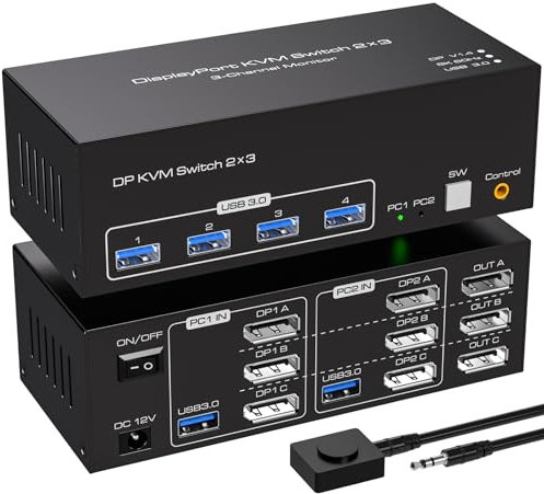 VPFET 8K60Hz Displayport KVM Switch 3 Monitors 2 Computers 4K144Hz Triple Monitor KVM Switches DP 1.4 witch 4 USB 3.0 for 2 PC Share 3 Monitors With DC12V Adapter and 2 USB Cables