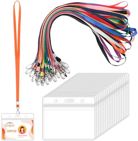 Segus Tour de Cou Porte Badge, 20 Pièces Cordon Tour de Cou avec Porte Badge en Pvc, Porte Carte Plastique Transparent, Lanyard avec Boucle Pivotante, pour Infirmiere, Enseignants, Médecins
