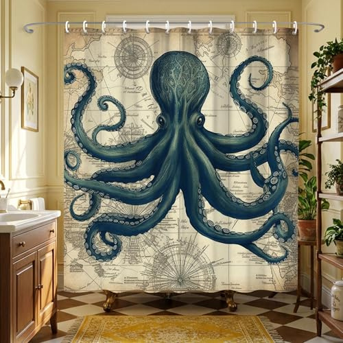 TSLOVER Duschvorhang im Vintage-Stil, Piraten-Oktopus, Steampunk, nautische und Weltkarten-Vorhänge für Badezimmer, lustig, wasserdicht, Polyester, Ozean-Motiv, Badezimmer-Dekoration, 183 x 183 cm