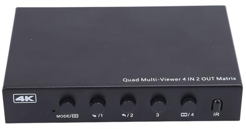 4K HDMI Multiviewer Switch 4x2, Switcher 4 in 2 Out Seamless 6 Anzeigemodi Multi Viewer Switcher 4K@30Hz Video mit Fernbedienung für PC Laptop (EU)