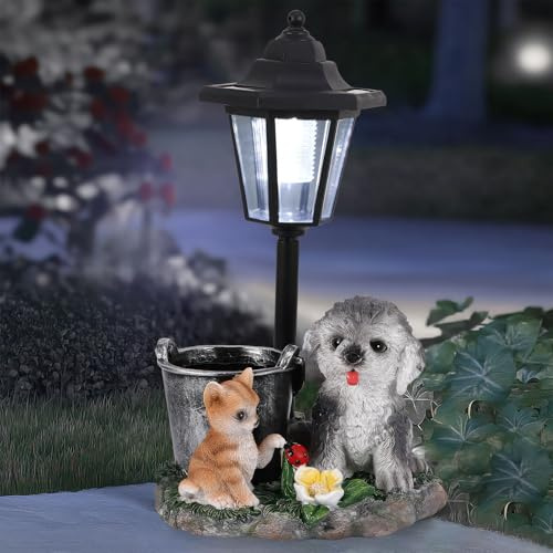 SUNJULY Solar Hund Garten Statuen Dekor für Außen, Hund Gartenstatuen Ornamente mit Solar Lichtern,Outdoor Decor Statue Wasserdicht Niedlich Harz für Garten Terrasse Hof Rasenornamente Teich Vorgarten