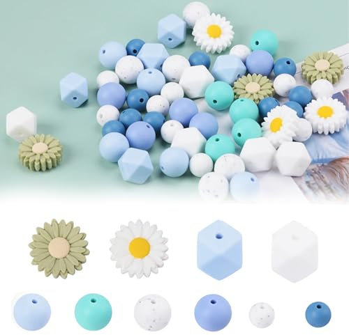Lxoraziy 56 Pcs Daisy Silicone Beads, Round Daisy Flower Shape Silicone Loose Beads Craft Beads for Bracelets Pens Crafts Keychain Jewelry Making Necklace DIY Home Crafts Decor -A