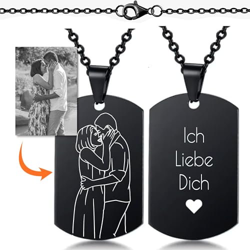Lumari Gold Personalisierte Dog Tag Foto-Halskette mit Gravur - Schwarz Edelstahl Anhänger, 40x23mm mit 50cm Kette – Geschenk für Partner, Familie, Freunde