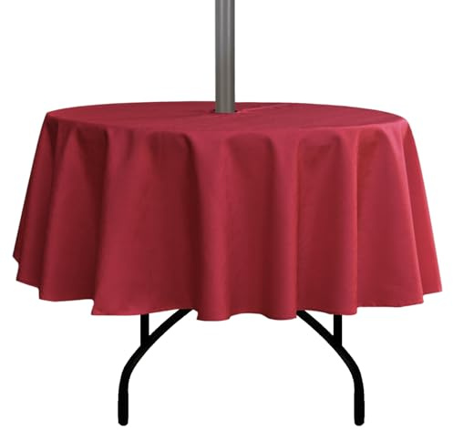 youngseahome Outdoor Tablecloth Wrinkle-Free Stain Resistant Waterproof Polyester Fabric Table Cover with Zipper Umbrella Hole for Picnic/Party/Dinner/Patio Garden(70inch Round,Zippered,Red)