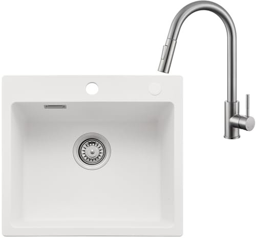 Auralum Spüle mit Armatur Set, Granit Spülbecken Weiß 50 x 45 cm + Edelsathal Wasserhahn Küche Ausziehbar