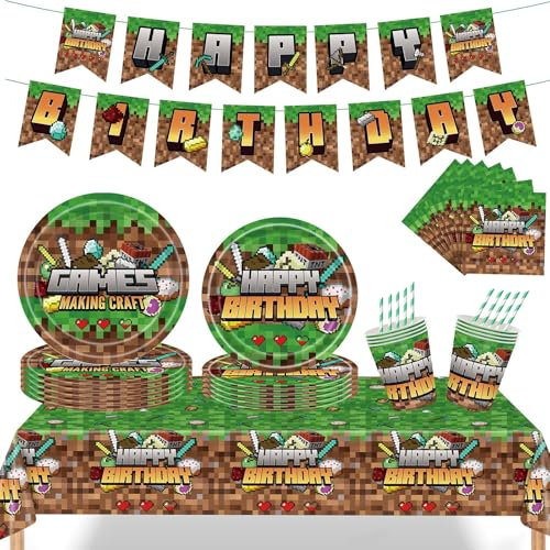 Miner Tema Party Decor, 62 Piezas Game Vajilla de Fiesta de Cumpleaños, Videojuegos Vajillas para Niños con Platos Vasos Servilletas Pajitas Mantel y Bandera para Decoración Cumpleaños Miner