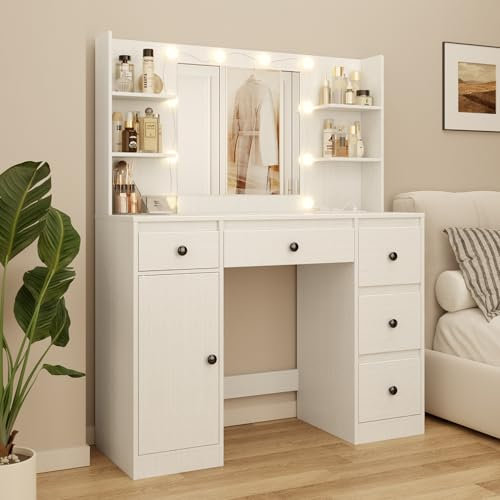 Bealife Schminktisch mit LED-Beleuchtung, 3 Farben & Einstellbarer Helligkeit, 5 Schubladen & Aufbewahrungsschrank, Frisiertisch mit Spiegel & Ablagen, modern, weiß