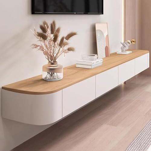 Meuble TV Suspendu, Meuble TV Flottant, Noir Meuble Télévision Mural en Bois Massif avec 2 Tiroirs, Design Élégant et Suspendu, Étagère de Rangement pour Salon ou Chambre (Couleur Bois, 180cm)