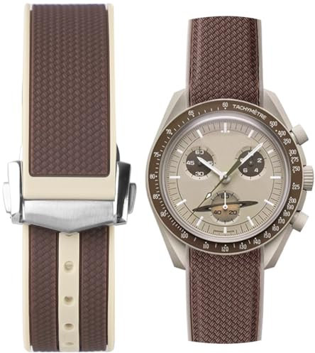 20mm Curved End Rubber Watch Band for Omega X Swatch,Omega Speedmaster moonwatch Folding Buckle Watch Strap Replacement Watchband No Gap Deployment Buckle Men Women Dustproof Washable (brown, 20mm)