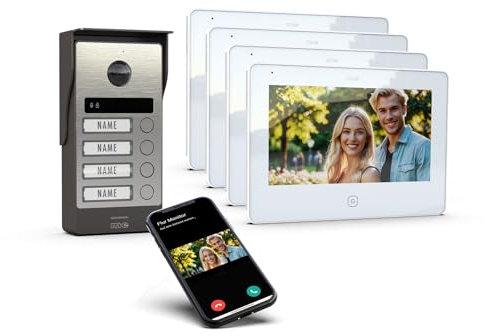 m-e ALLVISO Video Türsprechanlage, 2 Draht IP BUS, Aufputz Gegensprechanlage mit Kamera und Türöffner, 7 Monitor, kostenlose Handy App, Türklingel mit Kamera und Türöffner fürs 4 Familienhaus