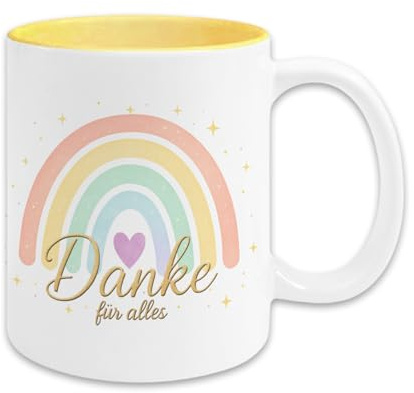 Tasse Danke für Alles mit Regenbogen – Geschenk für Erzieherin, Lehrerin, Kollegin – Abschiedsgeschenk mit Geschenkverpackung – Handmade in Deutschland (Hellgelb)