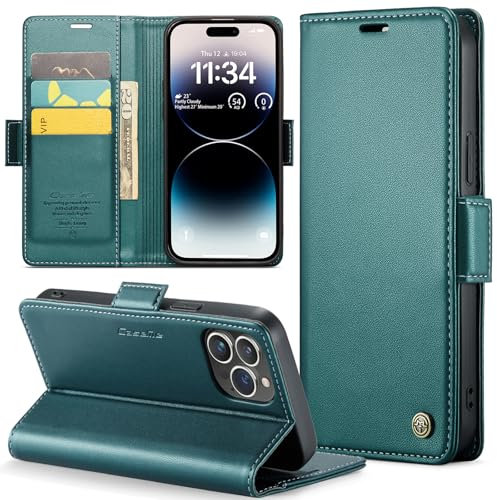 Rerzoiro for iPhone 14 Pro Max Case 6.7 Inch, Premium PU Leather Wallet Case Flip Cover with [RFID Blocking][Card Holder][Stand Function] Shockproof Protective for iPhone 14 Pro Max, Blue-Green