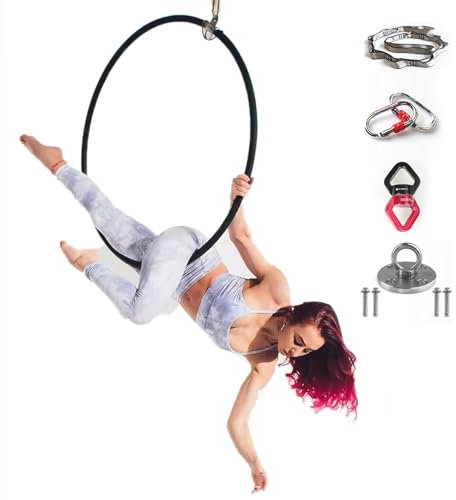 Fitness-Hula-Hoop-Reifen, Aerial Hoop 85 cm/90 cm Aerial Ring Set Vollständig festigkeitsgeprüft 440 Pfund Single Point Circus Aerial Equipment Yoga Hoop mit Zubehör,90cm-2.5cm