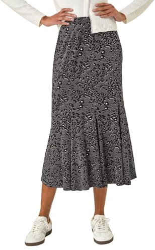 Roman Originals Jersey Skirt for Women UK - Ladies Midi Maxi Floral Animal Print Autumn Winter Swing Smart Casual Office Cocktail Party Going Out Evening Holiday Cruise - Grey Animal - Size 16