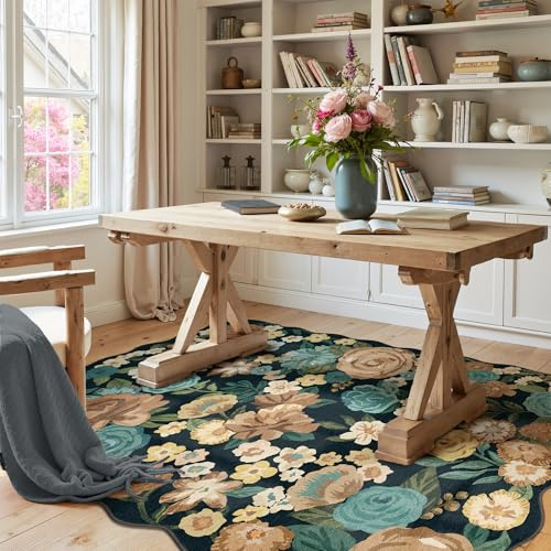 HUGEAR Teppich Wohnzimmer 80x150cm Schwarz Waschbarer Carpet Rug | Blumen Blumenmuster Teppiche,Waschbar Rutschfest,Weich Kurzflorig,Boho Neutral Modern,für Schlafzimmer,Esszimmer,Büro