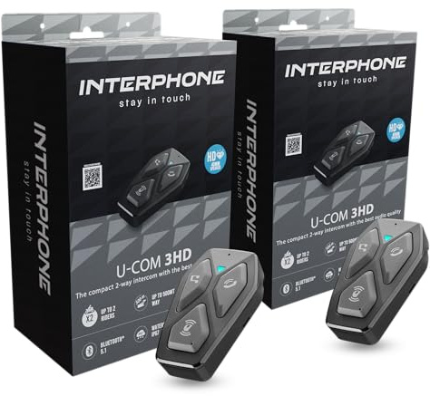 INTERPHONE U-COM 3HD Doppio, 2 Interfoni moto di gruppo per 4 utenti fino a 500mt, Interfoni casco Bluetooth 5.1 con auricolari HD 40mm per musica, chiamate e GPS, Autonomia 10h e impermeabile IP67