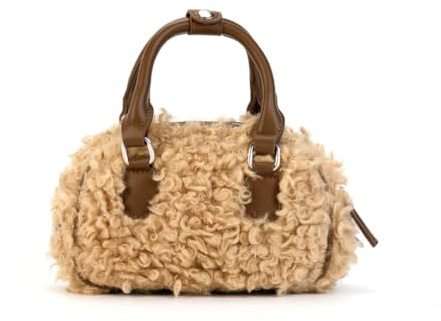MLSHWUG Süße Damen-Handtasche Aus Lammwolle Mit Fell, Wintertasche Mit Reißverschluss, Kleine Umhängetasche,Braun,19 * 7.5 * 13cm