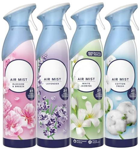 Febreze Air Mist Air Freshener Spray Bundle 4 x 185ml - Odourclear Technology Eliminates Odours Fast,Blossom Breeze,Cotton Fresh,White Jasmine,Lavender - Light Long-Lasting Freshness for Every Room