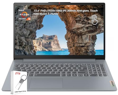 Lenovo IdeaPad Slim 3i 15.6 FHD Touch Laptop, AMD Ryzen 5 7520U, 8GB RAM 256GB SSD, 720p Camera w/Privacy Shutter, WiFi6 Bluetooth, Win11, Artic Grey, w/2TB Flash Drive, W/GaLiMu