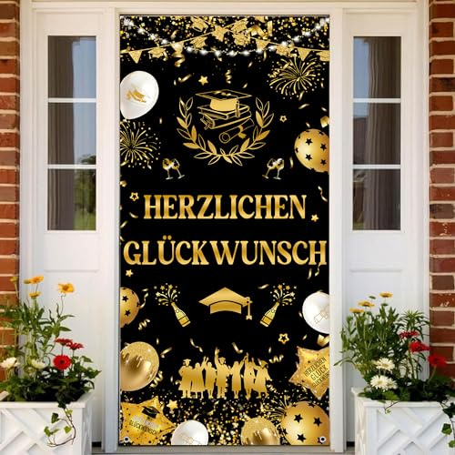 Graduation Deko Banner Schwarz Gold - Bachelor Dekoration Herzlichen Glückwunsch Türbanner 185 x 90 cm, Stoff Tür Dekorationen für Abi Prüfung Bestanden Abschluss Party