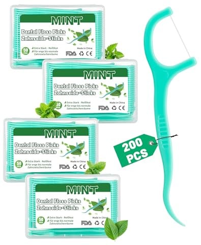 200 Stk. Zahnseide Stick Minze Dental Floss mint Zahnsticks Zahnseide mit Zahnstocher Minzegeschmack Reißfest Flossers für Zahnreinigung Zwischenräume Zahnseidesticks(4x50)