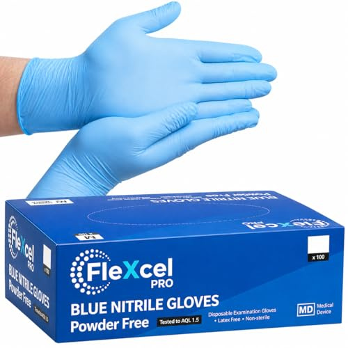 FleXcel Pro Blue Nitrile Gloves Size X-Large Box of 100 – Superior Powder Free Latex Free Disposable Gloves - Medical Grade for Food Prep Cleaning & Mechanics