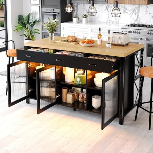 Crlnaup Isla de cocina con 3 cajones y puertas de cristal, diseño industrial, 150 x 80 x 90 cm, iluminación, patas ajustables, color negro y natural