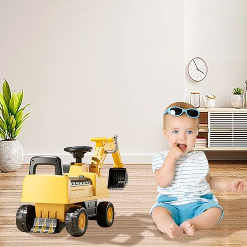 Bagger zum draufsitzen, Sitzbagger mit beweglicher Schaufel, Rutschauto mit Staufach, Aufsitzbagger mit Sound-Lenkrad, Rutschfahrzeug ab 1 Jahr, 50 × 30 × 60 cm (Gelb)