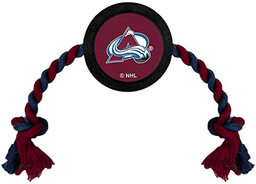 Pets First Colorado Avalanche NHL Hockey Puck Toy for Dogs & Cats, Heavy-Duty Rubber with Rope Tug, Officially Licensed, 15 x 3 x 1 Inches