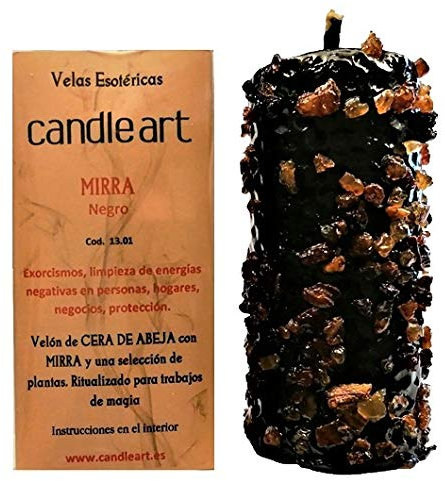 Vela Mirra Limpieza energética Negativa. Color Negro, Cera de Abeja con Plantas. Vela esotérica ritualizada para Trabajos de Magia.