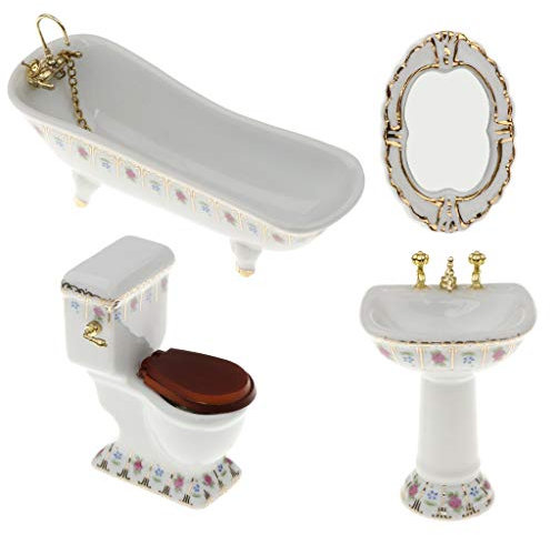 P Prettyia 1/12 Dollhouse Mini Furniture Porcelain Bathroom Set Floral Toilet, Bathtub & Basin #2