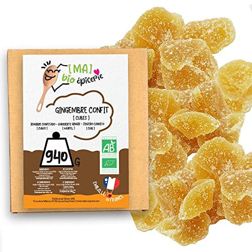 [MA] bio-épicerie | Gingembre confit BIO en cubes | 940G | Sachet vrac | Certifié biologique | Fruit confit | Sans conservateur
