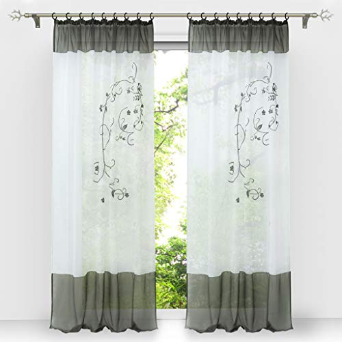 HongYa 1 Stück Bestickte Gardine Transparenter Voile Vorhang Fensterschal mit Kräuselband H/B 145/140 cm Grau