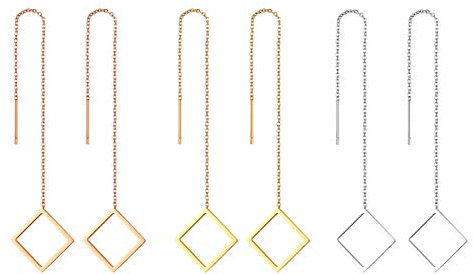 JewelryWe Quadrat Durchzieher Ohrringe Damen: 3 Paar Edelstahl Einfädler Ohrringe Lange Kette Ohr Linie Hängend Quaste Ohrhänger Baumeln Tropfen Ohrringe Schmuck Geschenk für Frauen Mädchen