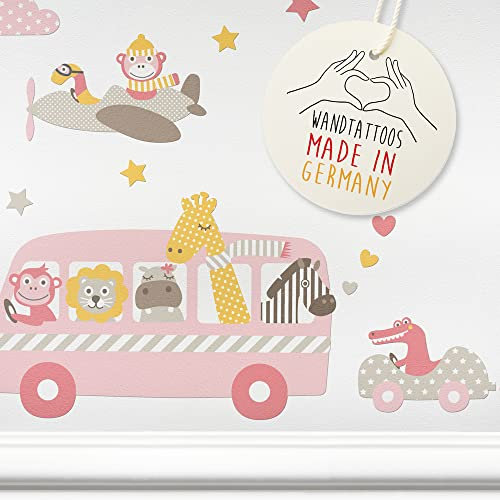 LOVELY LABEL Wandtattoo Kinderzimmer I Made in Germany I Babyzimmer Deko I Kinderzimmer Deko I Design Wandsticker Mädchen & Junge I Tiere on Tour I Rosa Beige Gelb