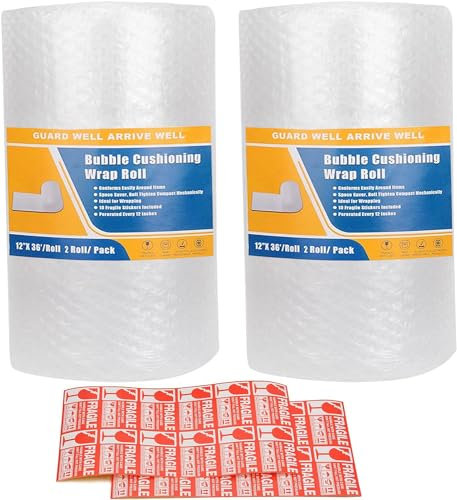 Cymax 2 rouleau de papier bulle 22 m, bulles d'air film pour déménagement et emballage, 300 mm x 11 m/rouleau, perforés tous les 30 cm, 20 autocollants fragiles inclus (2 Piece)