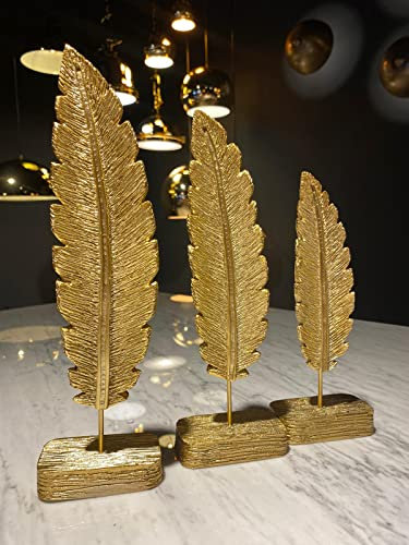 bamyum 3er-Set Feder Skulptur Modern Deko Wohnzimmer Schlafzimmer, Tischdeko, Schreibtisch Regal Deko Gold, Home Decor Gold, Bücherregal Deko, Esstisch Statue Golden Deko Aesthetic Gold Feder Figuren