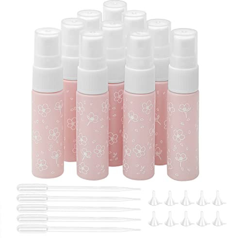 Unxuey 10 pcs 10 ml Pink Perfumes Spray Bottles, Glass Empty Dispenser Atomizer Travel Size Refillable Sample Container for Various Water based Liquids with 10 pcs Funnels+5 pcs Droppers