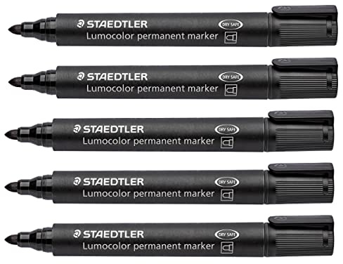 Staedtler Permanentmarker Lumocolor permanent, wisch- und wasserfest, Rundspitze 2 mm, nachfüllbar, schnelltrocknend, lange Lebensdauer, geruchsarm, 5 schwarze Marker, 352-9X