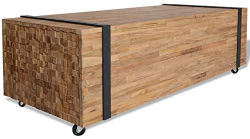 vidaXL Teak Massiv Couchtisch mit 4 Rädern Industrie-Stil Beistelltisch Wohnzimmertisch Kaffeetisch Sofatisch Ablagetisch Teetisch 110x45x38cm