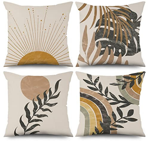 ASDCXZ 4 Stück Kissenbezug Boho 45x45 cm, Modern Abstrakt Kunst Linie Sonne Blätter Beige Dekokissen Kissenbezüge Kissenhülle Waschbar Polyester Flachs Textil Polster Kopfkissenbezug Kissen Bezug