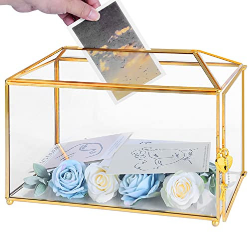 Ripprovt 32x15x22.9 cm große Glas-Kartenbox mit Schlitz, handgefertigte Vintage-Gold-Hochzeitskartenboxen für Empfang, Brautparty/Babyparty, Andenken, Party-Tafelaufsatz, dekorative Box
